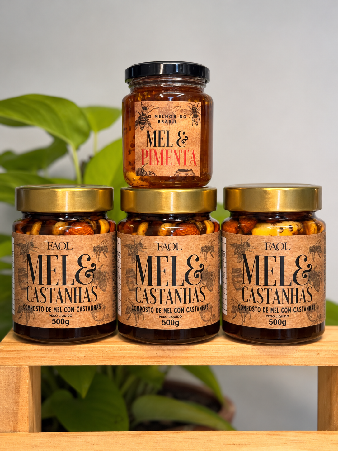 Kit 3+1 Explosão de Sabor – 3 Mel com Castanhas 500g + Mel com Pimenta 330g