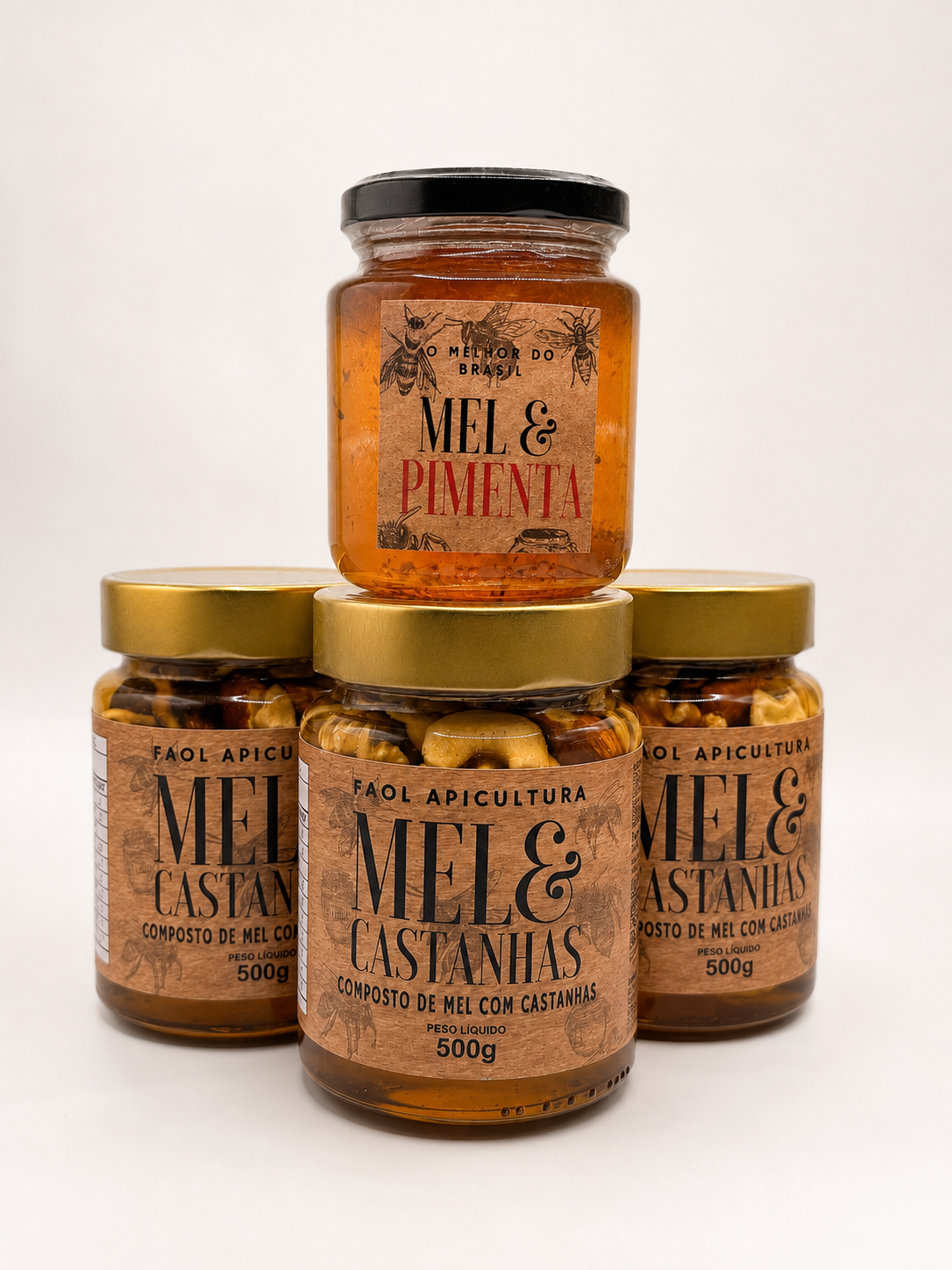 Kit 3+1 Explosão de Sabor – 3 Mel com Castanhas 500g + Mel com Pimenta 330g