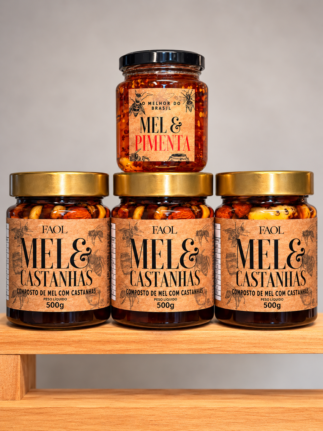 Kit 3+1 Explosão de Sabor – 3 Mel com Castanhas 500g + Mel com Pimenta 330g