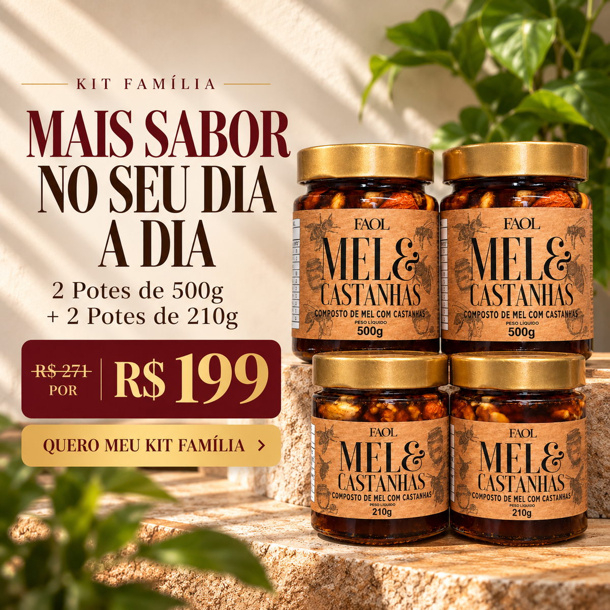 Kit Família Mel & Castanhas – 2 Potes 500g + 2 Potes 210g